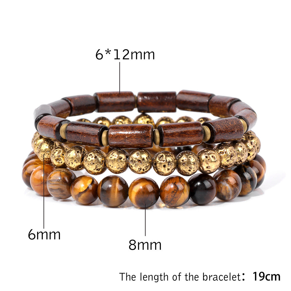 Cuentas de piedra natural al por mayor chapadas de madera de piedra volcánica con brazalete de ágata